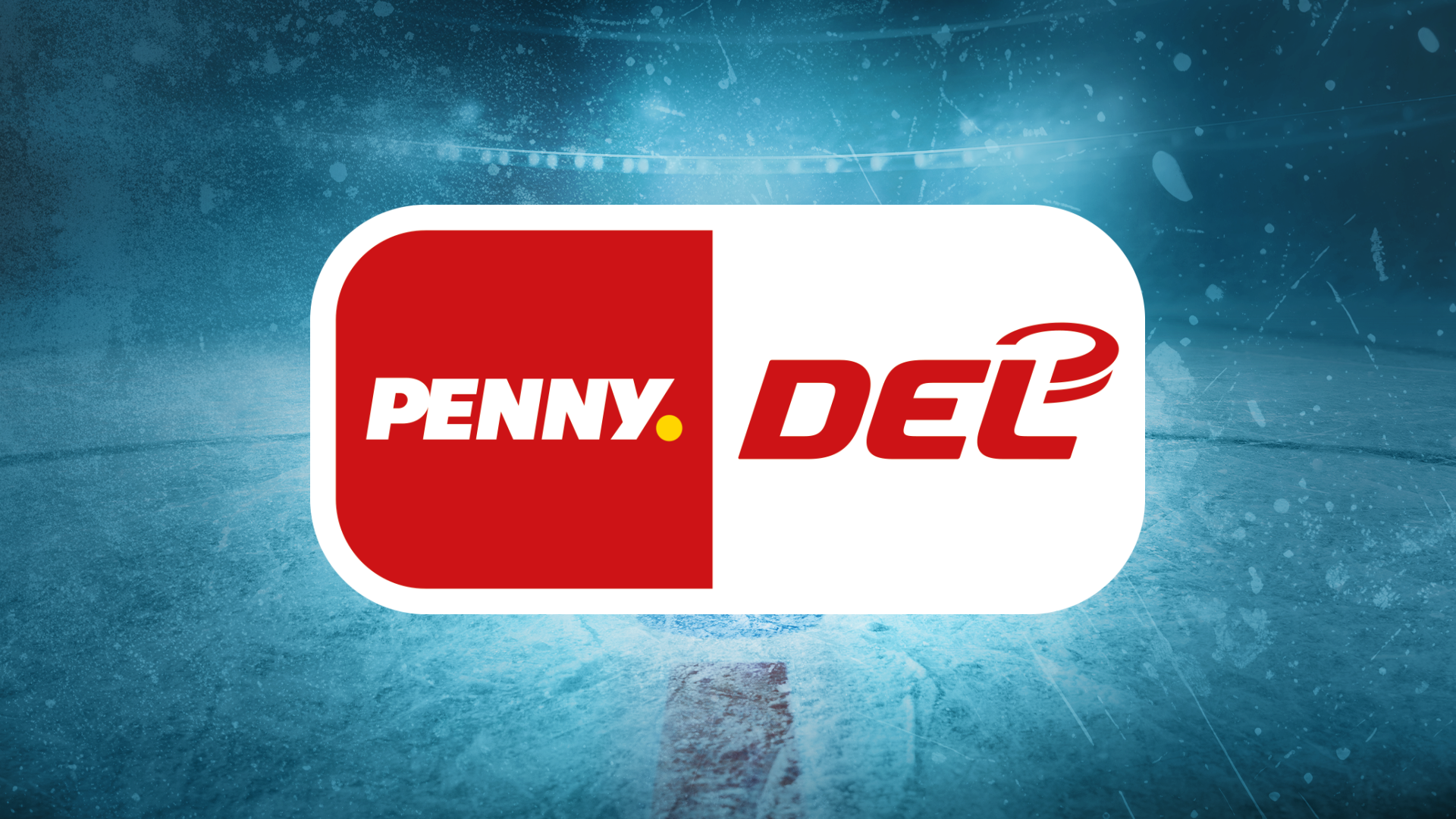 Werbegrafik PENNY DEL mit Logo auf Eisflächen-Hintergrund